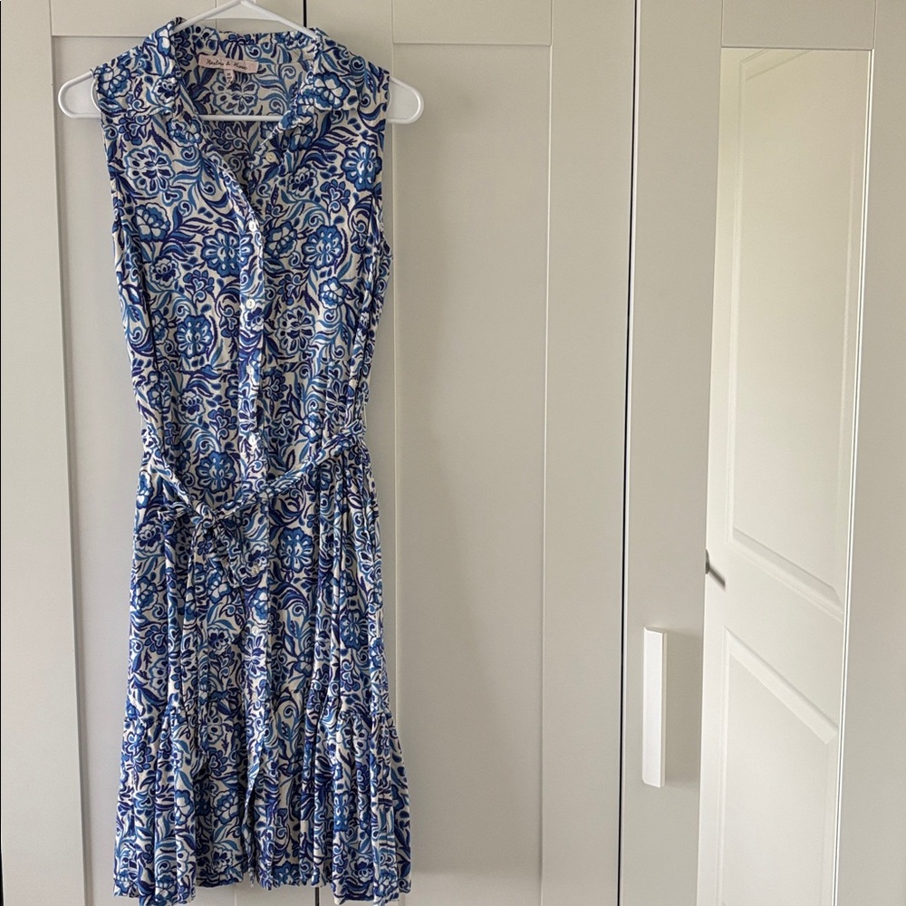 Women’s Coastal Blue White Floral Pattern Midi Dress Size M